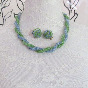 Blue & green beaded vintage necklace & clip on earrings set  - Japan